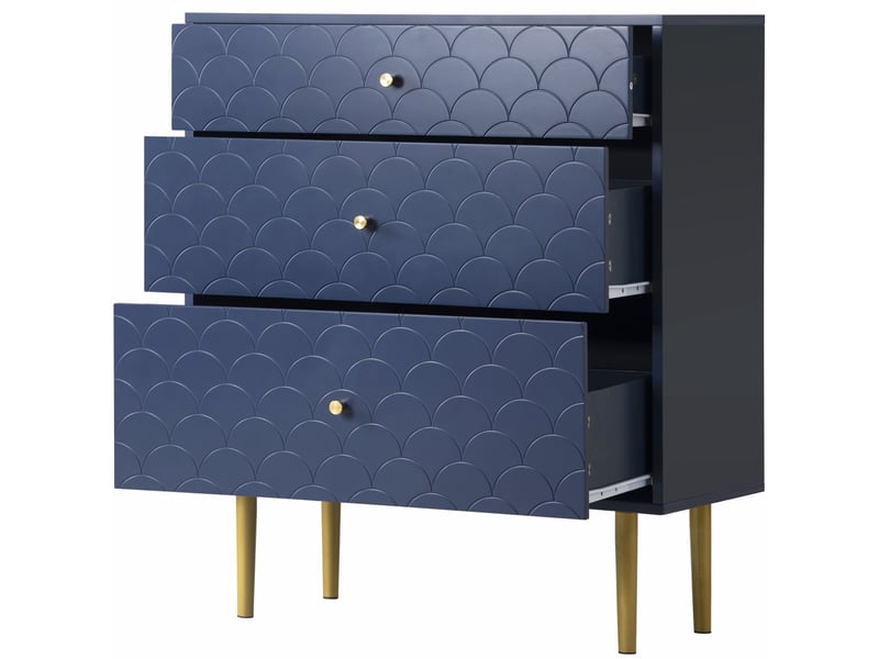  Buffet 75x40x89 cm, commode 3 tiroirs, plateau motif écailles, glissières qualité, aggloméré + métal, bleu marine  - Conforama D