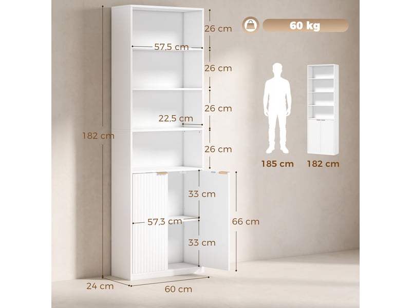  Bibliothèque design effet bois blanc 2 portes cannelées 4 étagères poignées métal doré  - Conforama C