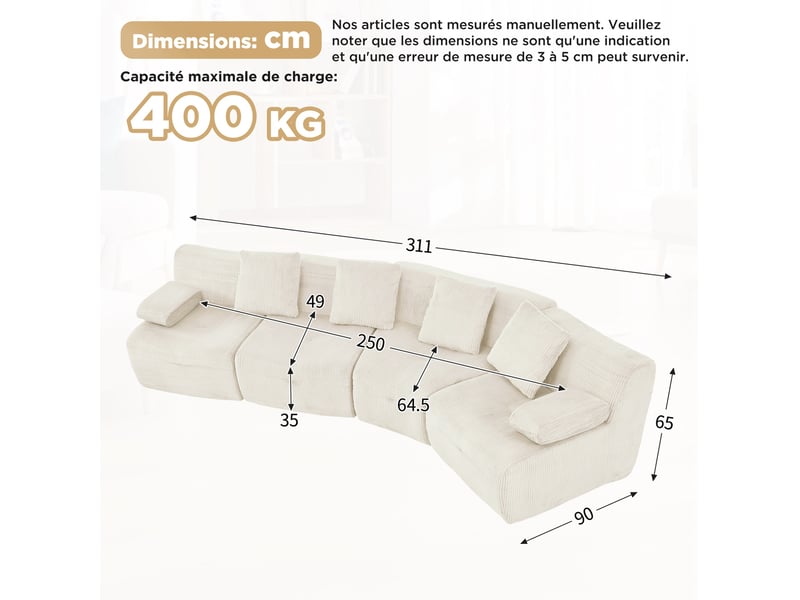 Canapé modulaire tcqpz 4 places 311 x 90 x 65 cm en velours côtelé beige clair - Conforama C