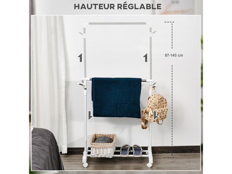  Portant à vêtements réglable en acier argent et blanc 68,5 x 42 x 87-145 cm  - Conforama D