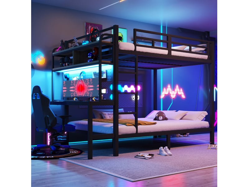 Lit superposé enfant 140 x 200 cm avec bureau, led, usb, échelle et rangements noir - Conforama B