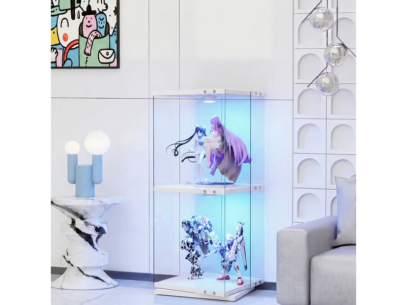  Vitrine en verre avec éclairage,rotation à 360°,82 x 38 x 38 cm,à deux niveaux,blanc  - Conforama B