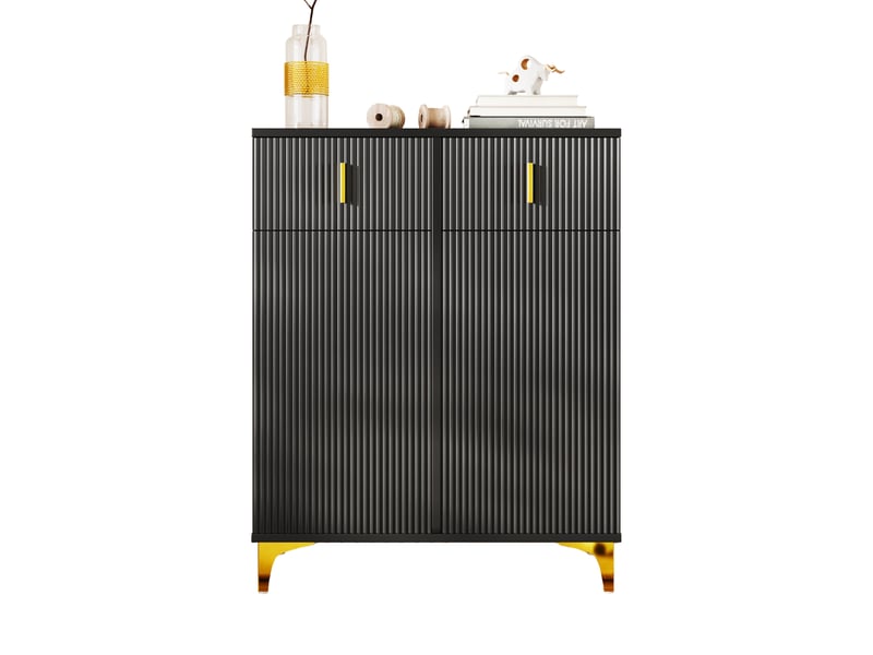  Meuble à chaussures 83x35x101 cm, meuble d'entrée, tiroirs, portes et étagères, pieds en métal, aggloméré, noir, design  - Conforama A