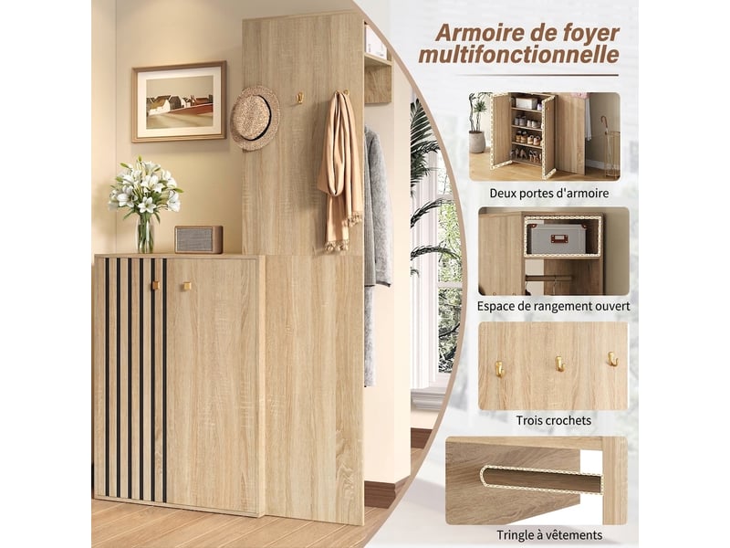 Vestiaire d'entrée avec meuble à chaussures mdf naturel 115cm  - Conforama D