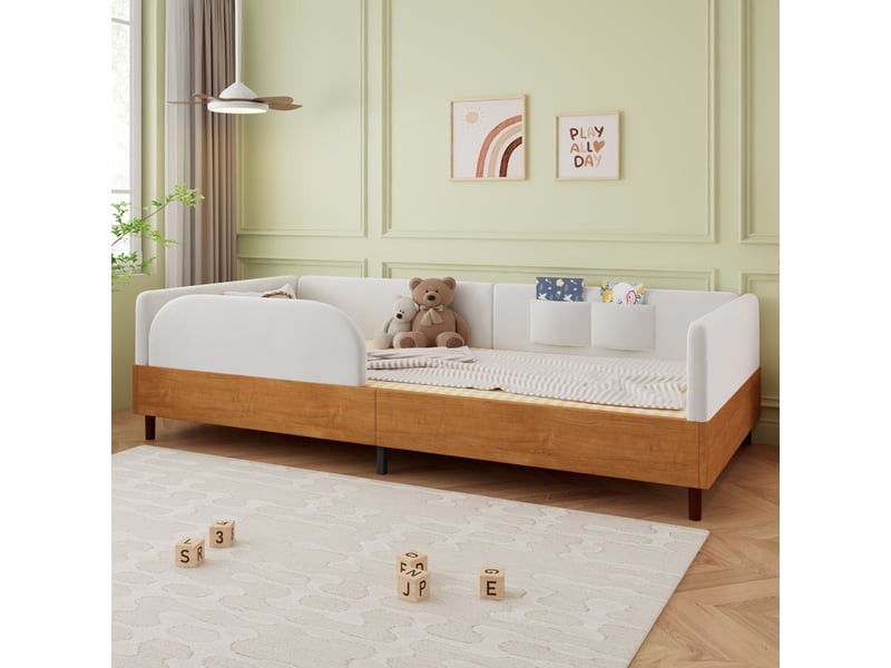  Lit enfant 90 × 200 cm 1 place avec 2 poches de rangement et barrière, sans matelas, en velours, blanc  - Conforama C