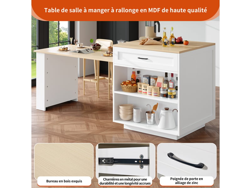  Table de bar extensible 133-202x70x93,5 cm avec rangements multiples et tiroir, plateau effet marbre en mdf, blanc  - Conforama R