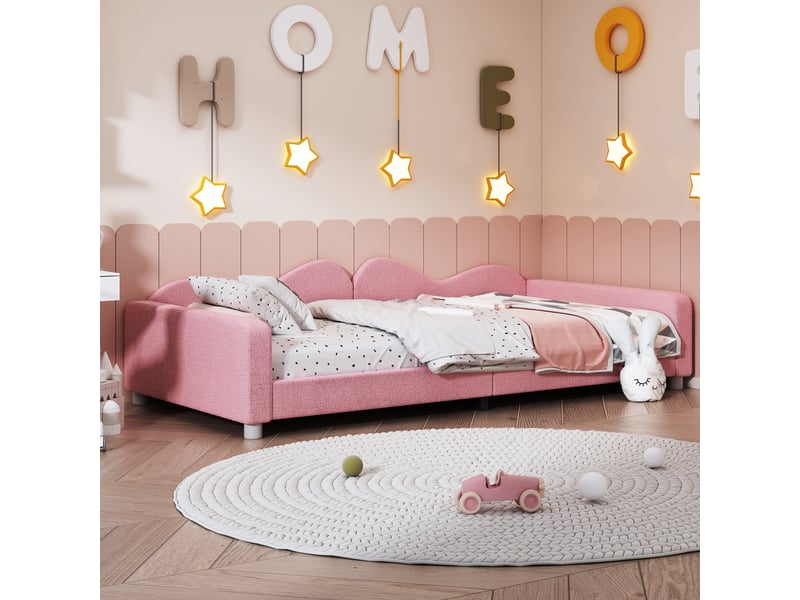  Lit enfant rose 90x200 capitonné tissu bouclette - canapé lit multifonctionnel avec dossier  - Conforama D
