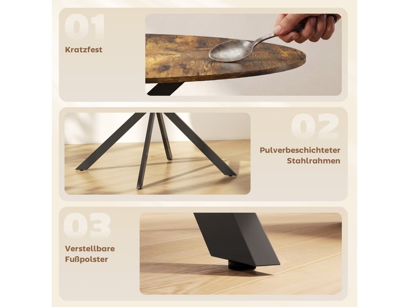  Table à manger ronde, 100 cm, 4 personnes style industriel en x, plateau bois, piètement acier, coloris marron rustique  - Conforama E