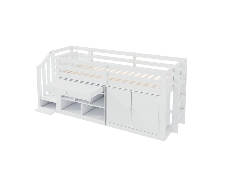Lit mezzanine enfant 90x200 cm – blanc – bureau rabattable, rangements, escalier réversible - sans matelas - Conforama D