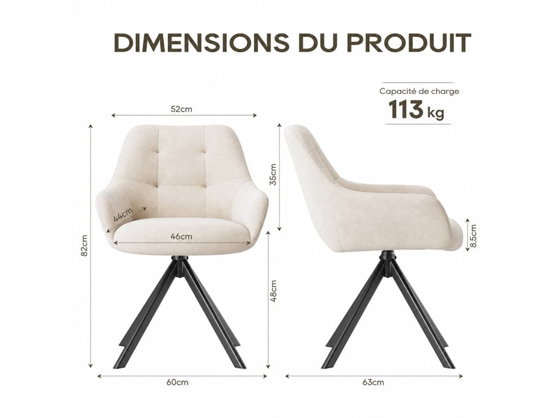  Lot 2 chaise pivotante premium avec demi-accoudoirs - chaise rotation à 360°base métallique haute stabilité, beige  - Conforama C