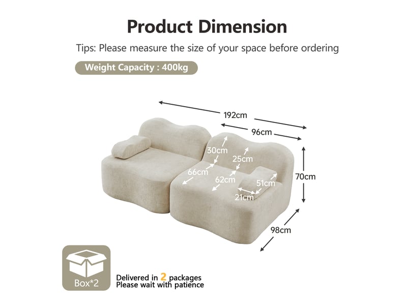Canapé modulaire 2 places sans armature avec assise profonde et accoudoirs mobiles en velours beige - Conforama E