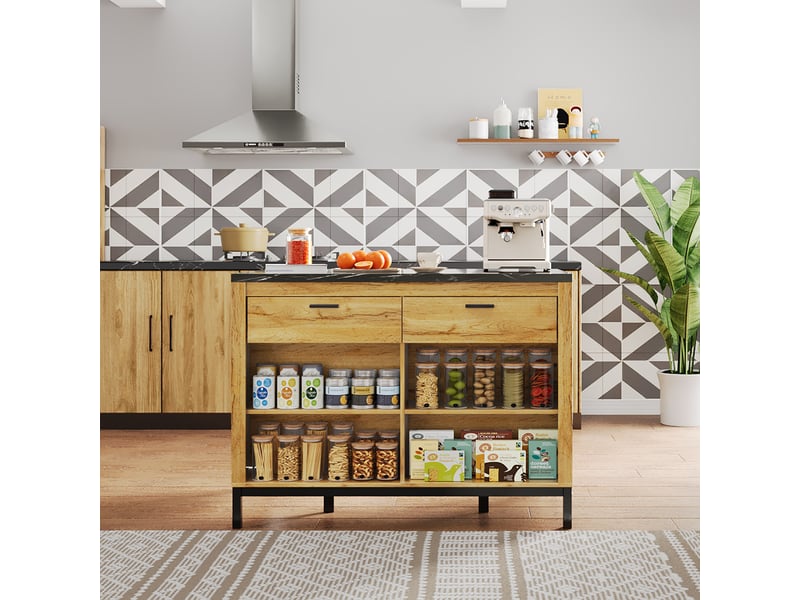  Îlot de cuisine 120cm avec 2 tiroirs et 4 étagères, table de bar style rustique en bois de chêne et marbre noir, meuble de rangement  - Conforama E