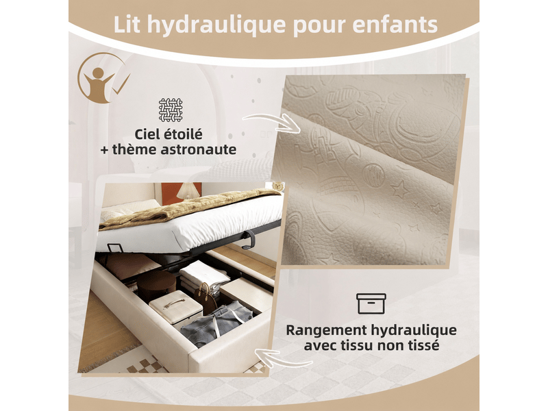  Lit coffre 90x190 cm, lit enfant avec tête de lit rembourré, en pu beige, sans matelas  - Conforama E