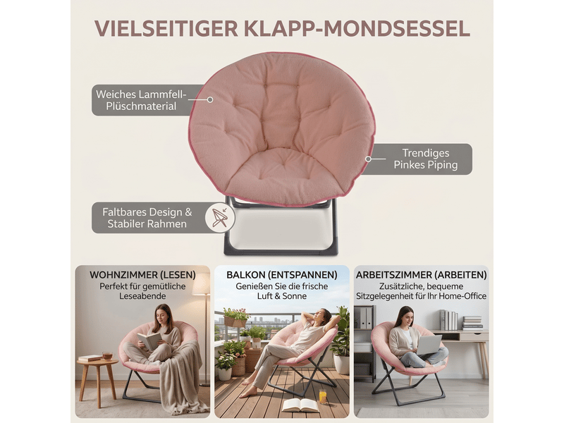 Fauteuil lune pliant,80x80x37 cm,structure métallique,tissu,rose  - Conforama D
