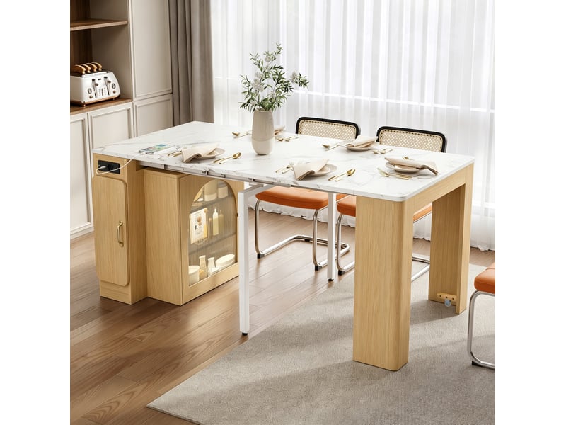  Desserte de cuisine extensible avec 3 plateaux, roulettes, éclairage led et prises pour salle à manger, naturel  - Conforama C