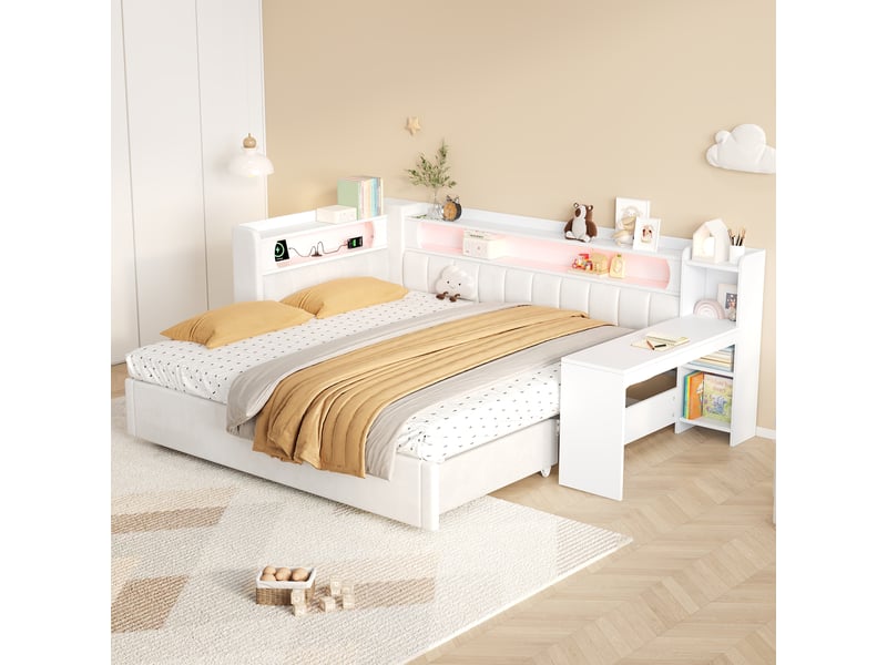 Lit banquette simple 90 × 200 cm extensible 180 × 200 cm, usb, led réglable et bureau, sans matelas, blanc - Conforama B