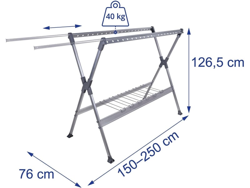  Séchoir à linge télescopique sur pied extensible 126,5 x 150-250 x 76 cm charge max 40 kg en aluminium argent 13_0018997  - Conforama B
