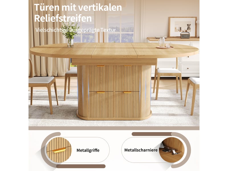  Table à manger ovale extensible 118-158x118 cm pour 4 à 6 personnes, 2 portes rabattables, 2 tiroirs de rangement, façade rainurée, effet chêne clair  - Conforama E
