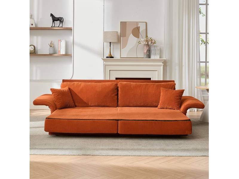  Canapé convertible 2 places avec couchage d'appoint, accoudoirs en bois et pieds métalliques en velours côtelé orange  - Conforama D