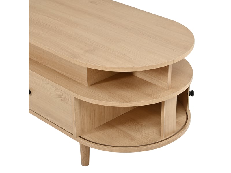 Table basse ovale relevable 105x50x60.5cm, mécanisme hydraulique, rangement caché, 2 niches, 1 grand tiroir, 2 portes coulissantes, mdf naturel ABC - Conforama D