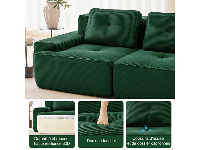 Canapé modulable 4 places sans structure,382x104x69cm,canapé à compression en velours côtelé,assise profonde et rembourrage haute densité 32d - vert - Conforama D