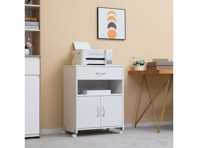  Support pour imprimante à 4 roulettes, tiroir et armoire, 60 x 39 x 80 cm - blanc  - Conforama D