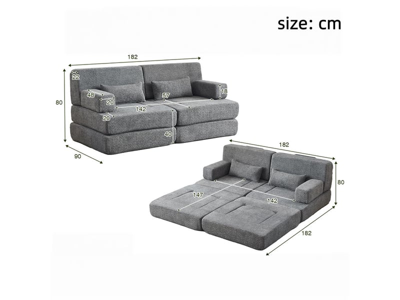  Canapé droit, ensemble de deux canapés droits, sofa convertible 2 en 1, revêtement chenille, 4 places, 80 x 90 x 182 cm, gris  - Conforama C