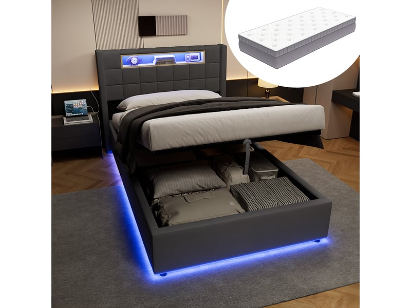  Lit pour enfant 90 × 200 cm 1 place avec matelas et fonction de recharge, lit rembourré avec compartiments ouverts et éclairage led, lit avec coffre de rangement, gris  - Conforama B