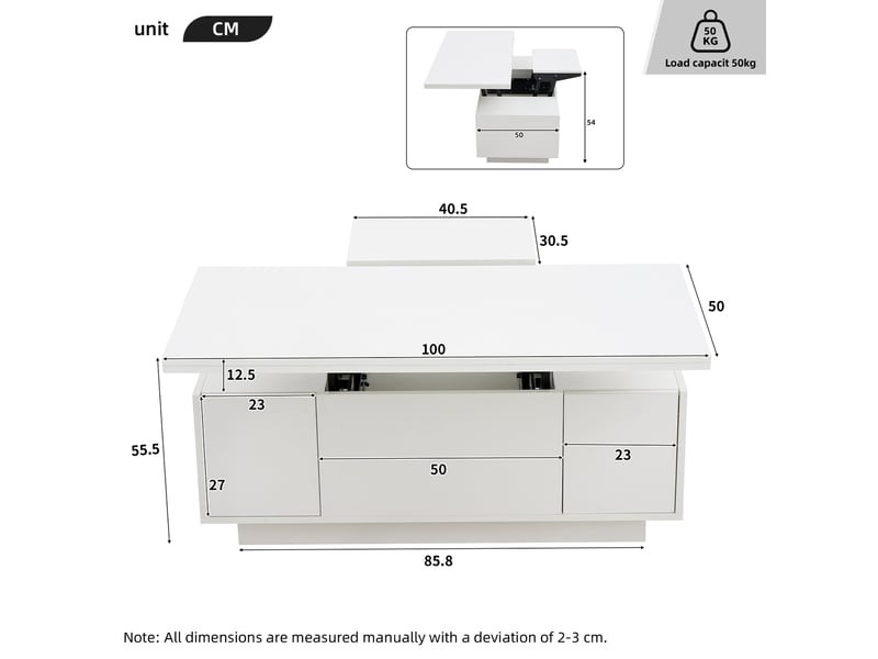  Table basse 100x50x55cm, table de salon avec levage double, espace de rangement caché, 2 portes, aggloméré, blanc  - Conforama D