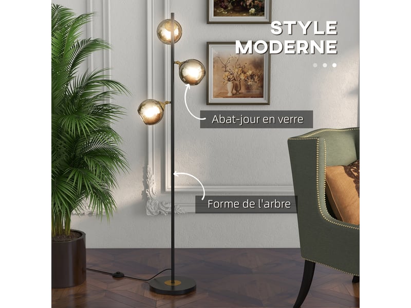  Lampadaire sur pied salon en métal avec 3 abat-jours globe chromé métal 40w  36 x 162h cm noir et gris  - Conforama A