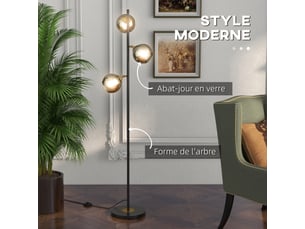Lampadaire sur pied salon en métal avec 3 abat-jours globe chromé métal 40w  36 x 162h cm noir et gris