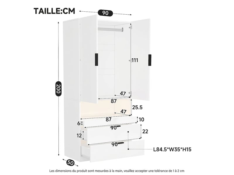  Armoire 2 portes avec miroir et éclairage led intégré, finition chêne, 90x47x200 cm  - Conforama W