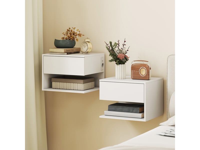  Lot de 2 tables de chevet suspendues pour chambre à coucher, 46 x 30 x 30 cm, blanches  - Conforama C