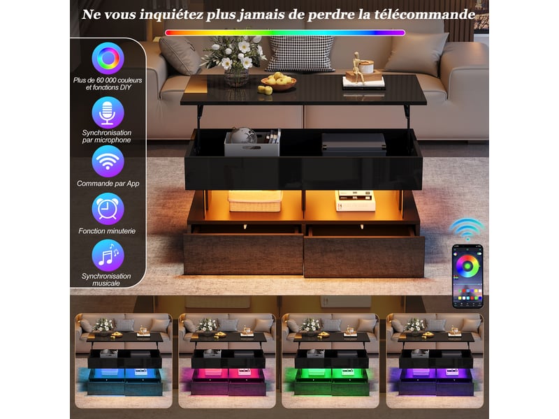  Table basse, à plateau relevable, avec éclairage led, avec 2 tiroirs, 100 x 50 x h 46–60 cm, noir, rangement pratique, finition brillante, pour salon Luxe haut de gamme - Conforama D