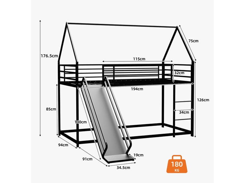  Lit superposé enfants 90x190cm maison avec toboggan garde-corps solide métal 1 sommier noir sans matelas  - Conforama C