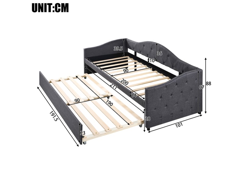  Lit gigogne 90x200 cm avec lit d'appoint 90x190 cm en lin gris  - Conforama E