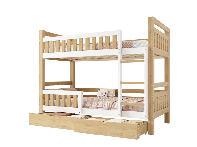 Lit superposé 90x200 cm, séparable en 2 lits, échelle, 2 tiroirs, bois blanc et naturel, sans matelas - Conforama A