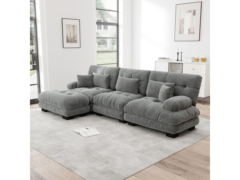  Canapé d'angle, canapé convertible – en velours tricoté, style cloud, avec pouf, gris  - Conforama C