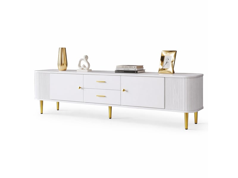  Meuble télévision 170x34x45 cm, bords arrondis, côtés ondulés, 2 tiroirs, 2 portes, espace de rangement, en mdf blanc  - Conforama A