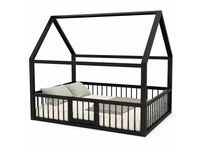  Lit cabane 140x200 cm en métal noir avec barrières et portillon  - Conforama A