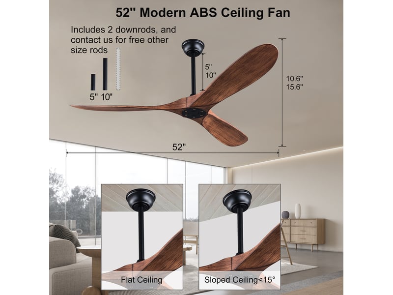 Ventilateur de plafond 132 cm sans lumière noir et noyer foncé avec télécommande - Conforama C