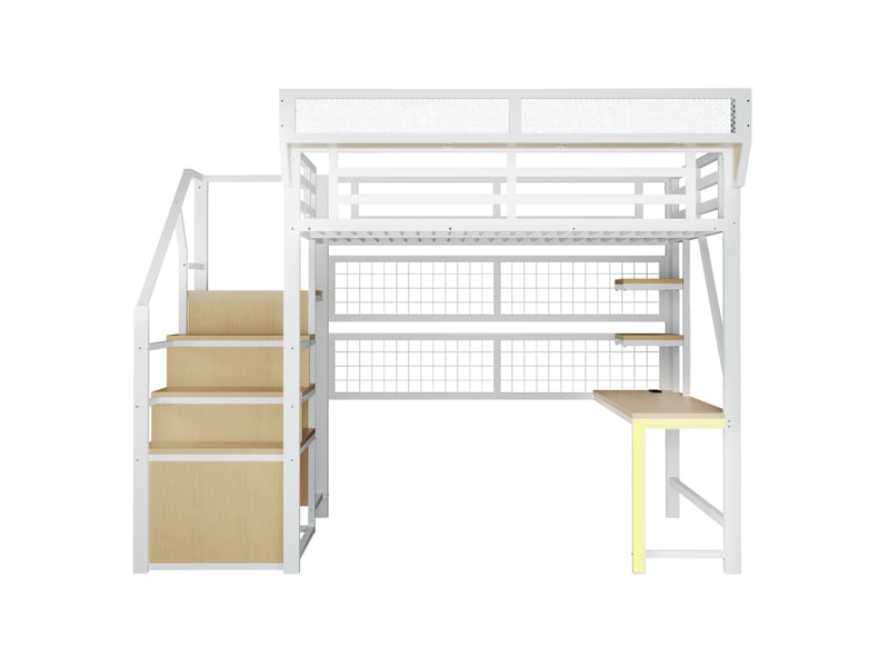 Lit mezzanine enfant avec led 140x200cm, charge, bureau, rangement filet, garde-corps, échelle, métal blanc sans matelas  - Conforama R
