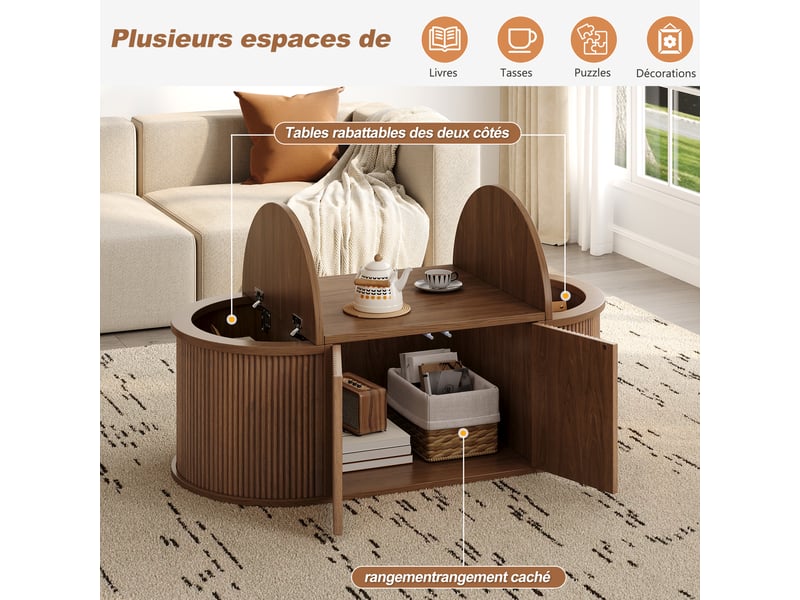  Table basse ovale avec rangement, 100x50x35 cm, couleur noyer, 4 portes magnétiques, bords arrondis  - Conforama E