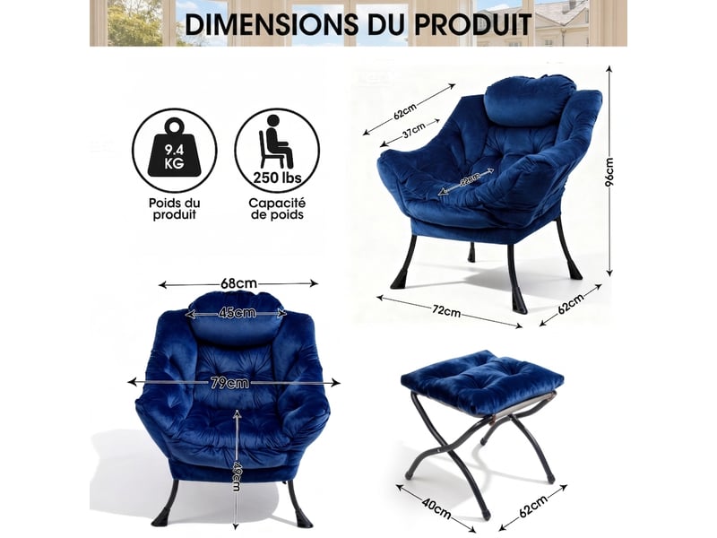  Fauteuil relax avec pouf, accoudoirs, poche latérale et repose-pieds, fauteuil lounge tv en tissu pour salon, chambre et bureau  - Conforama C