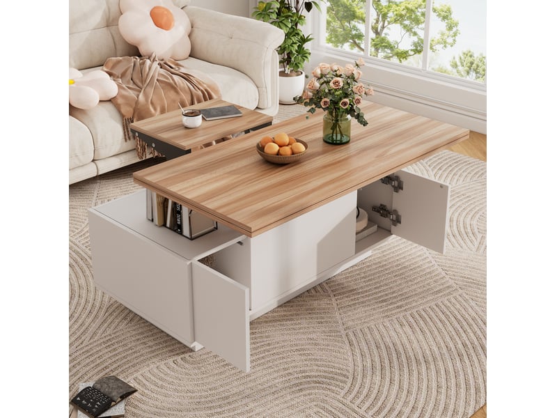  Table basse 100x50x55.5 cm à double plateau relevable en panneaux de particules blanche  - Conforama C