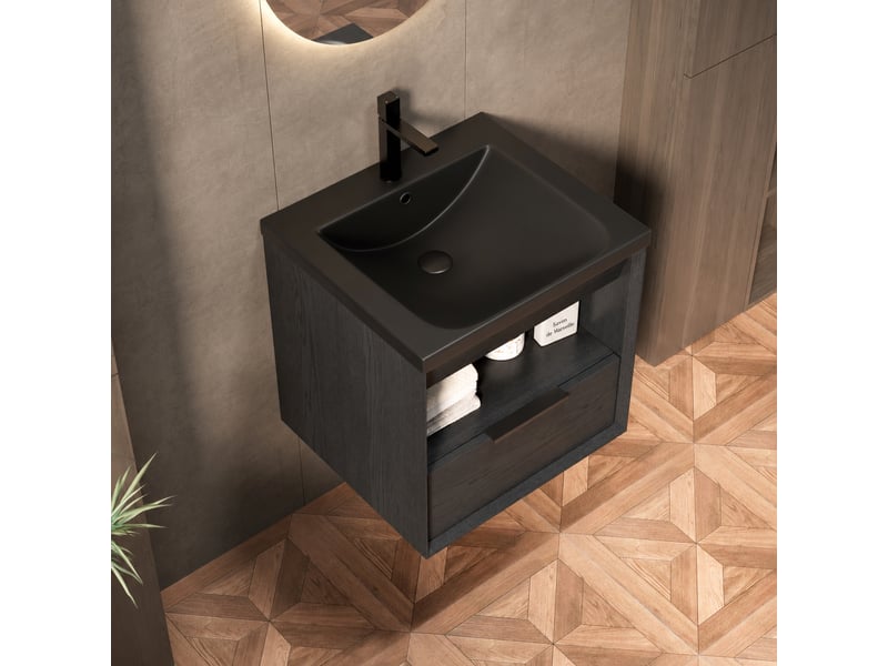 Meuble vasque suspendu de 51 cm avec vasque intégrée en céramique, tiroir et étagère, noir  - Conforama B