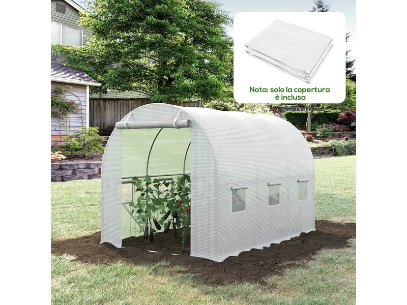  Bâche de serre en polyéthylène avec 6 fenêtres, porte enroulable et bords enterrés, 3 x 2 x 2 m, blanche  - Conforama C