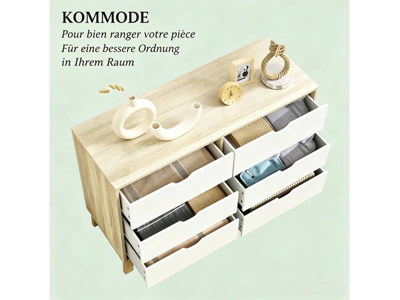  Commode 6 tiroirs 120x40x76 cm, style scandinave, anti-basculement, panneaux de particules, blanc et chêne  - Conforama D