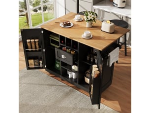 Îlot de cuisine noir avec plateau pliable 140x70 cm, desserte sur roulettes avec porte-bouteilles intégré et porte-serviettes latéral