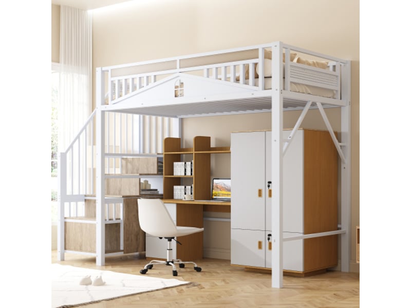  Lit mezzanine 90x200cm coloris blanc métal et bois lit enfant blanc - Conforama E